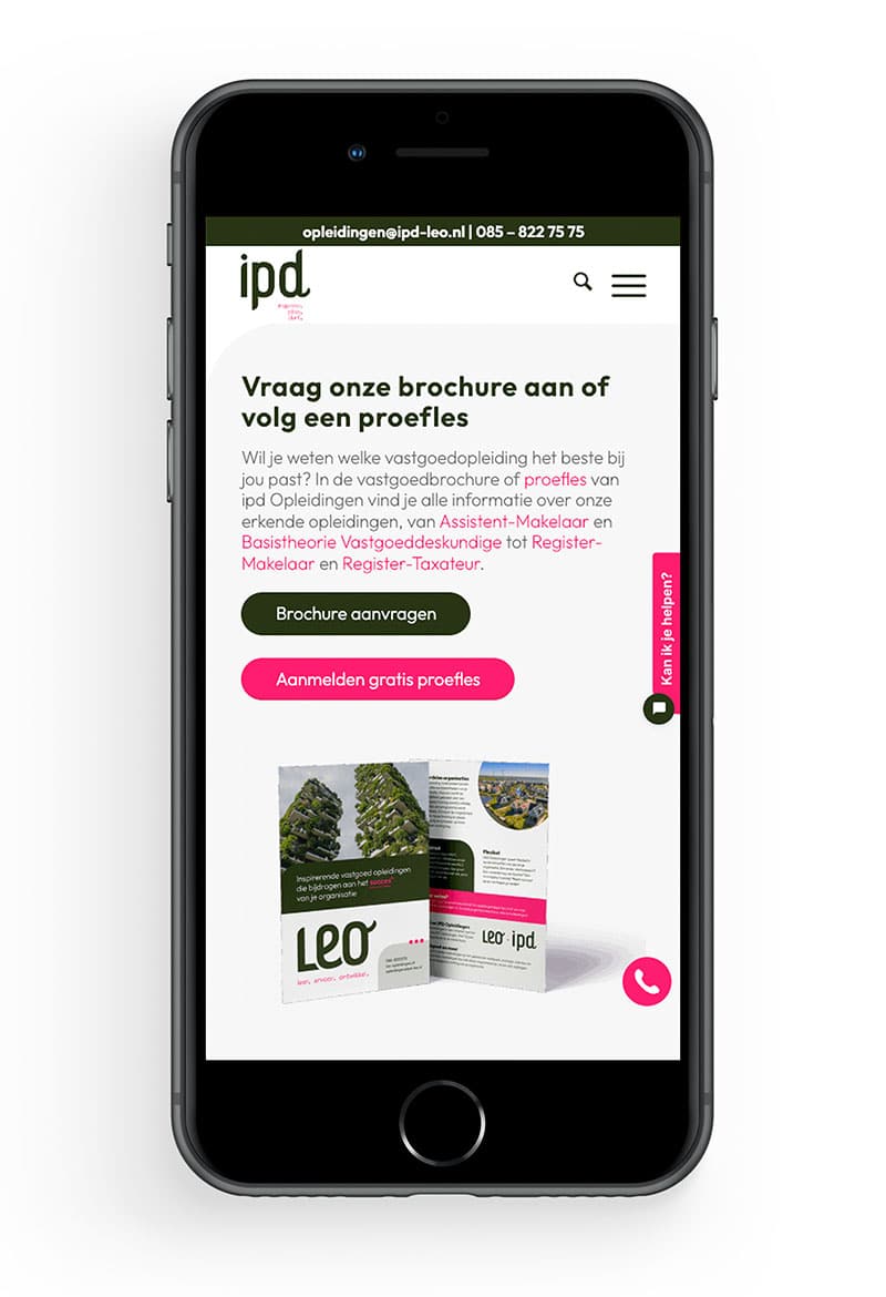 Mobiele weergave IPD Opleidingen website met portaalkoppeling.